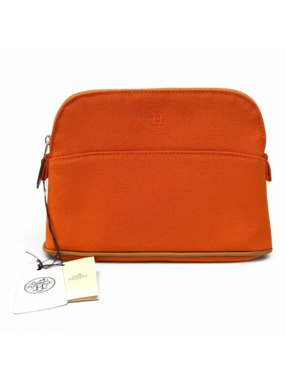 Hermes Bolide Pouch Cotton 100% Silver Embroidered Makeup Orange